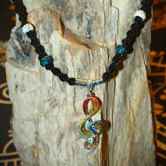 Multi-Color Rhinestone Musician's Treble Clef on a 22" Handmade Black Hemp - Picture 3 of 6